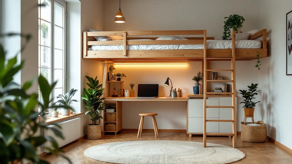 Loft bed with desk in apartment