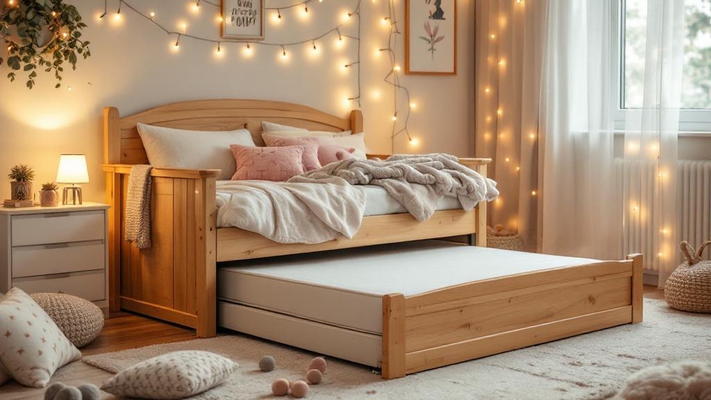 Trundle bed in kid's room with fairy lights
