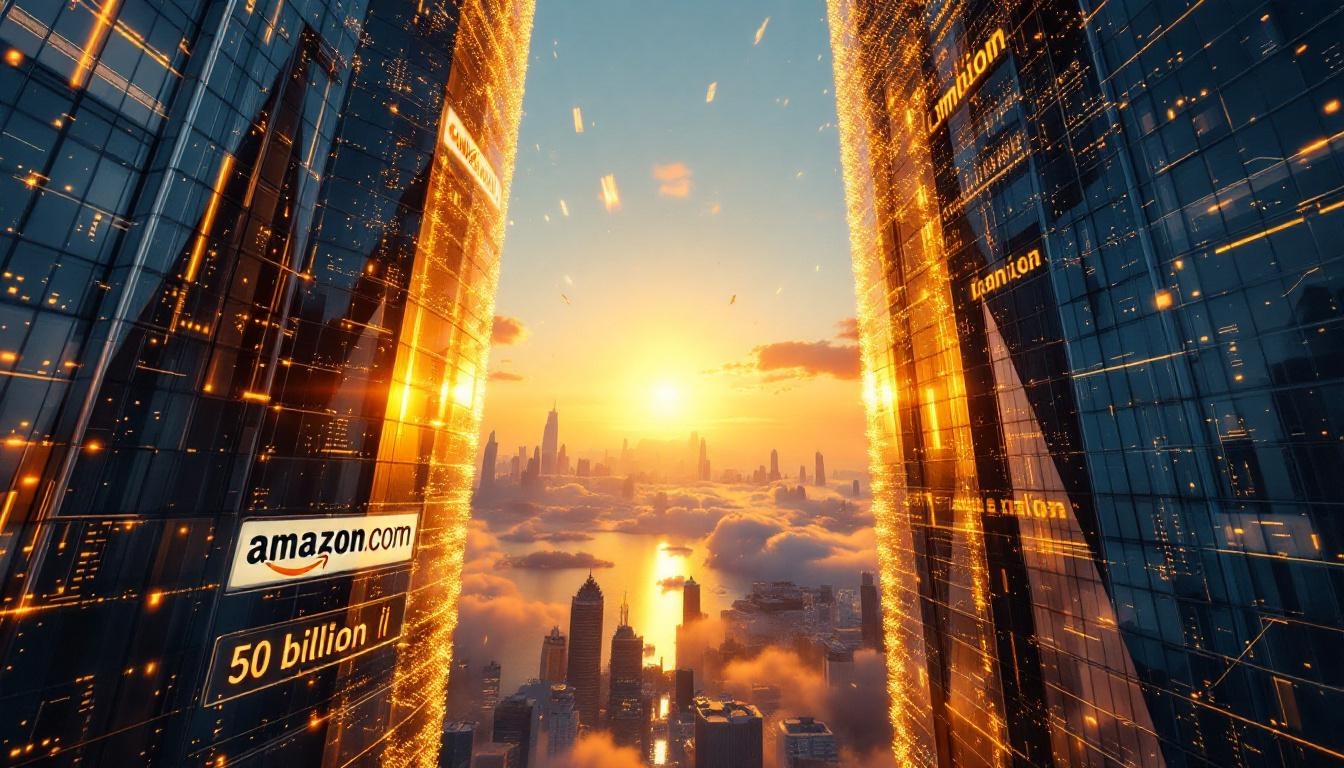 Two massive corporate towers connected by golden data bridge representing the Amazon-OpenAI 50 billion dollar deal