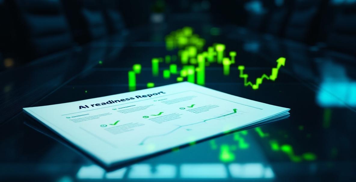 A dashboard showing AI adoption metrics rising while readiness metrics decline, creating a widening scissors gap
