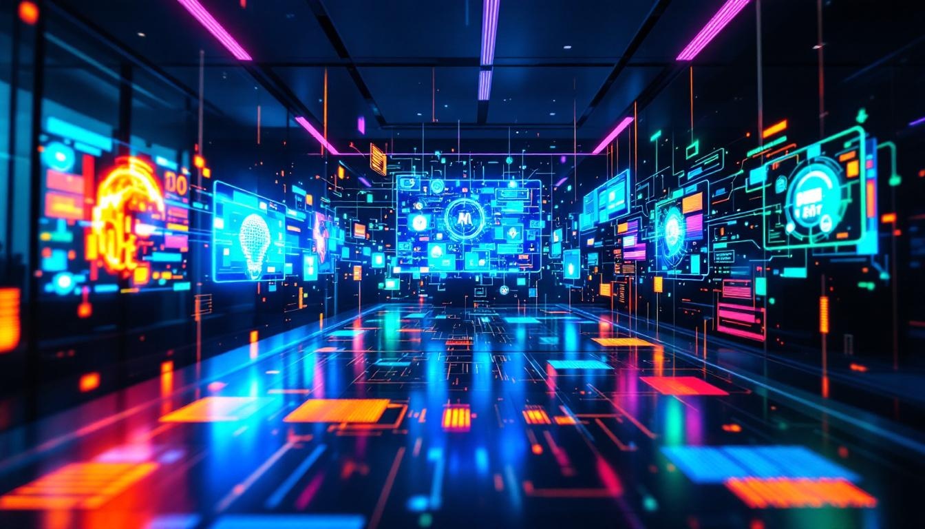 Multiple disconnected AI interfaces creating digital fragmentation in a modern corporate environment