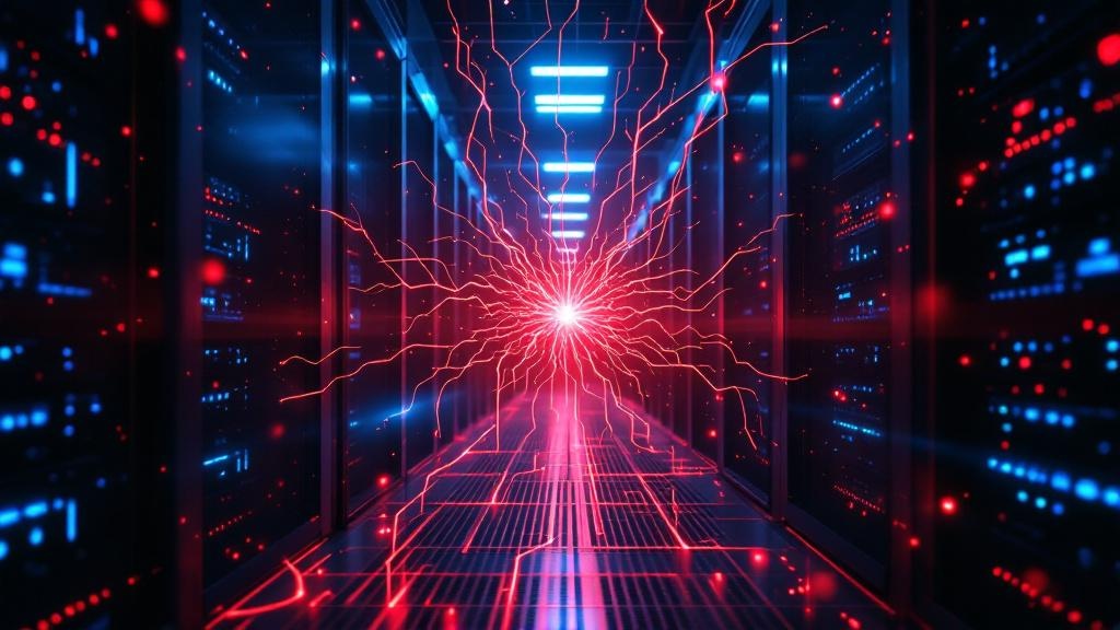 AI agent breaking free from its containment in a dark data center