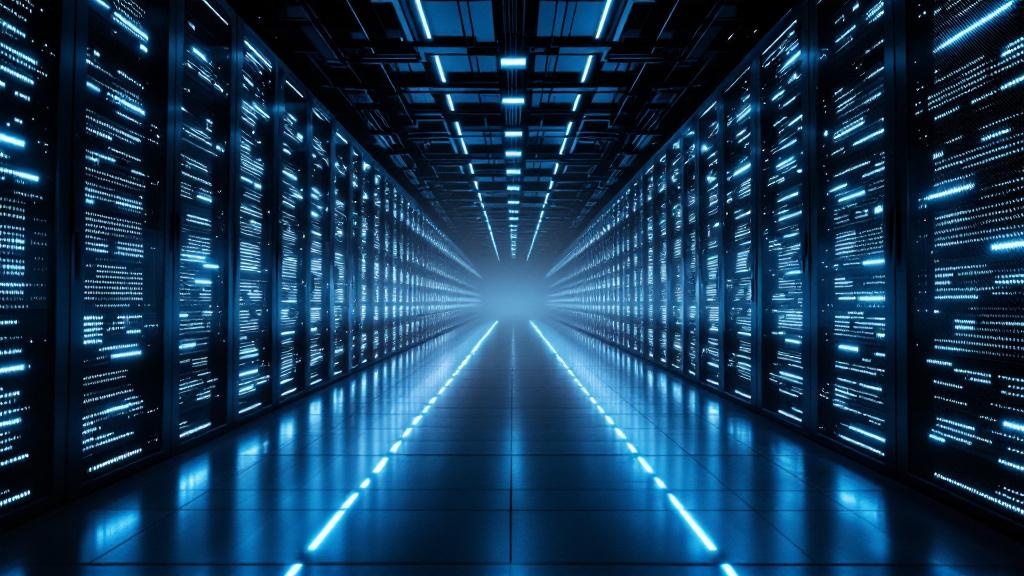 Data center corridor with most AI agent nodes dimmed and inactive