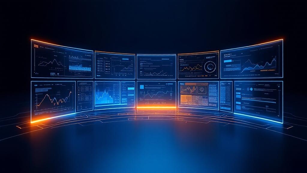 Six monitoring panels in a semicircle with a glowing gap where the seventh should be